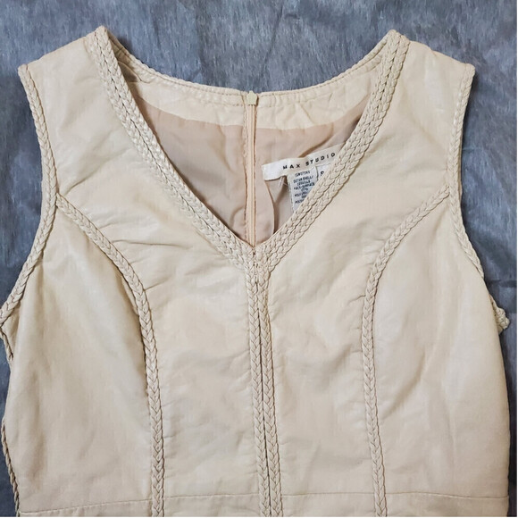 Max Studio Faux Leather Sleeveless Dress Size Small Medium Tan V-Neck - Picture 2 of 12
